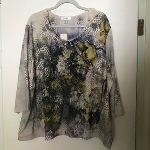 NWT CJ Banks Cardigan Sweater 3X tan chartreuse green y2k Floral bling purple